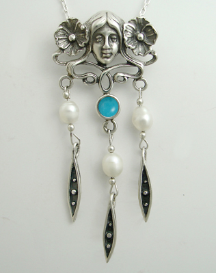 Sterling Silver Woman Maiden of the Garden Necklace With Turquoise And Cultured Freshwater Pearl